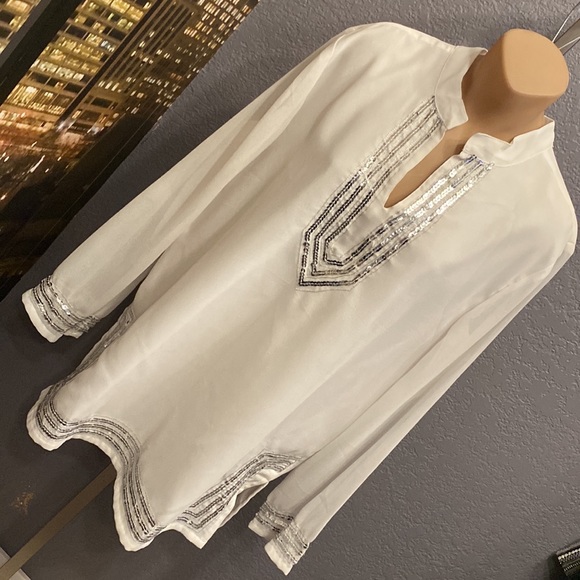 ANTTHONY - tunic overlay: white semi-sheer l/s w silver sequin hem accents - L - Picture 16 of 16